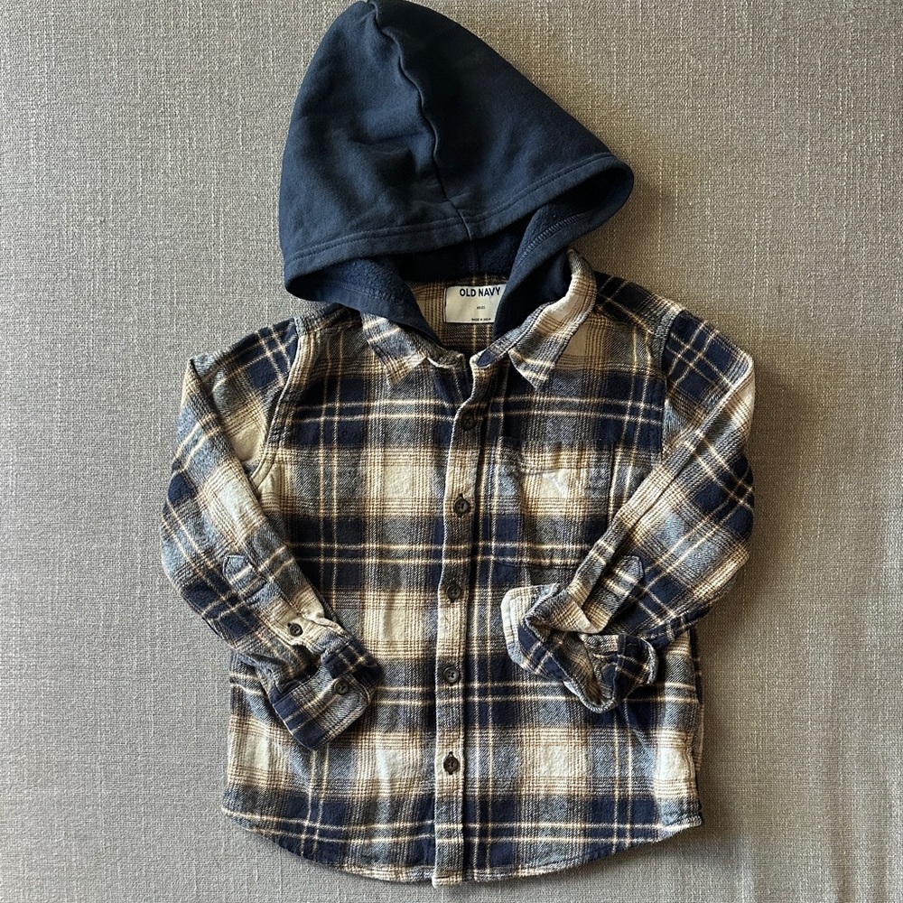 Old Navy Boys Navy Blue Hooded Plaid Flannel Button Down Shirt Size XS (5)